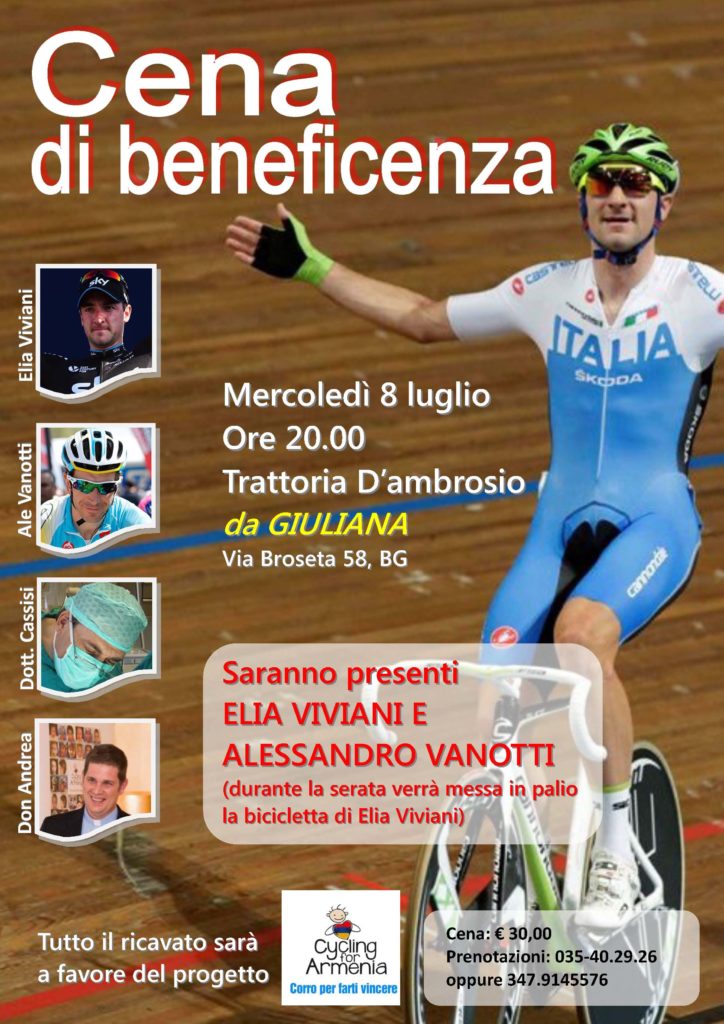 Una cena benefica con il bergamasco Alessandro Vanotti ed Elia Viviani per raccogliere fondi a favore di “Ciclyng for Armenia”
