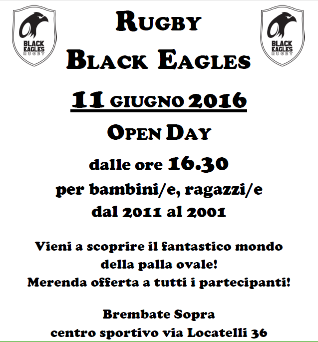 Sabato 11 giugno a Brembate Sopra l’open day del Rugby Black Eagles