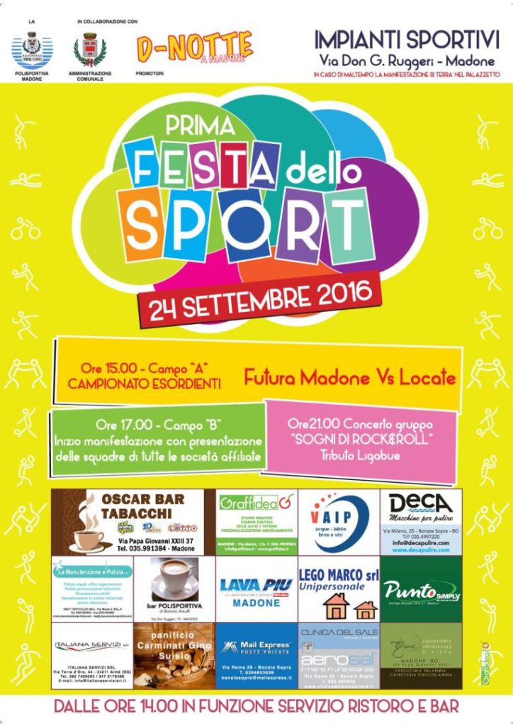 Sabato 24 settembre a Madone la prima festa dello sport