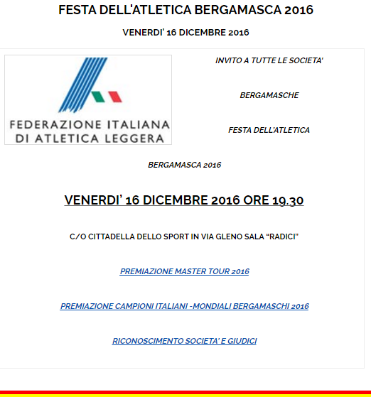 Venerdì 16 dicembre la “Festa dell’Atletica Bergamasca”