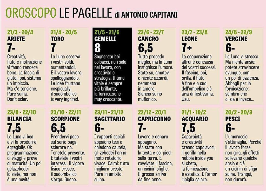 Sono le otto di sera e sono stato maltrattato barbaramente da tredici persone. E l’Oroscopo della Gazzetta mi aveva pronosticato un giorno meraviglioso. Si è sbagliato. Sappiatelo