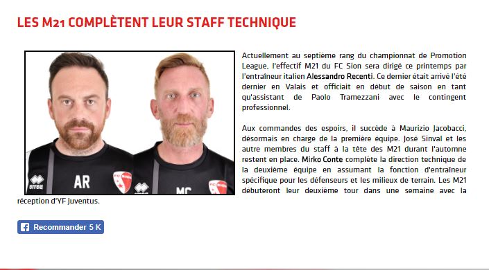 Il bergamasco Alessandro Recenti nominato allenatore dell’Under 21 del Sion