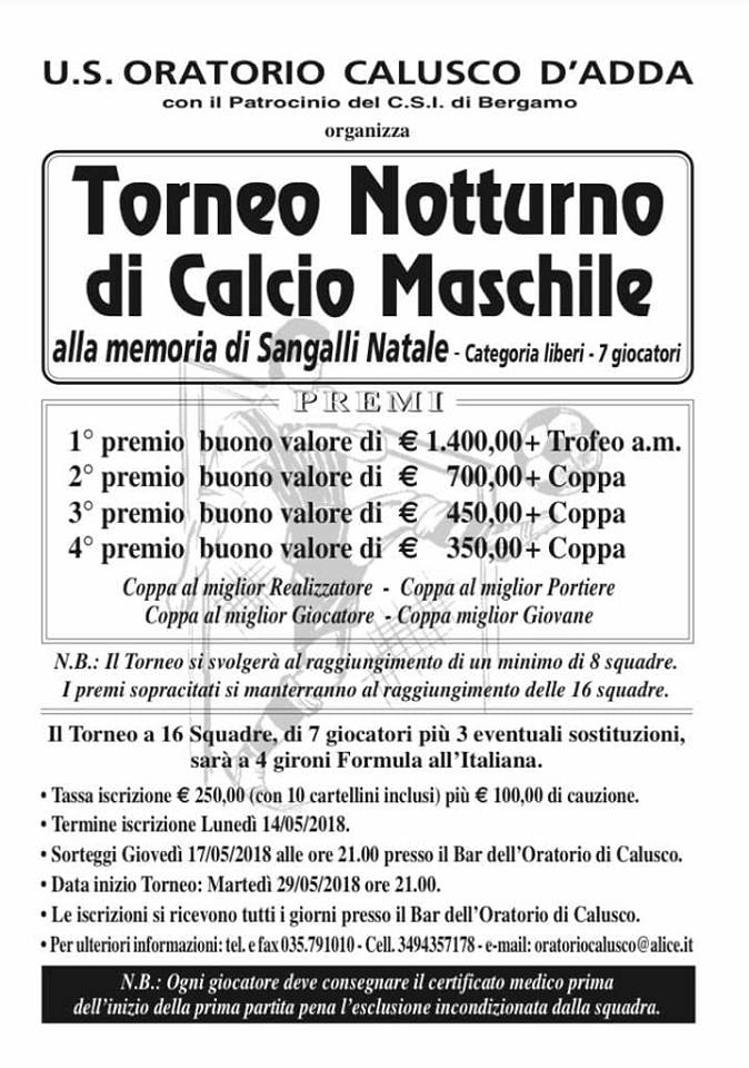 A Calusco arriva il Notturno di calcio maschile alla memoria di Natale Sangalli. Tutte le info