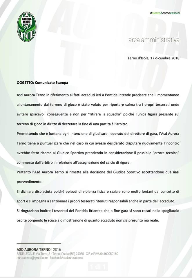 Il comunicato dell’Aurora Terno: “Accetteremo qualsiasi decisione del giudice. Quanto accaduto non è presunto, ma reale”