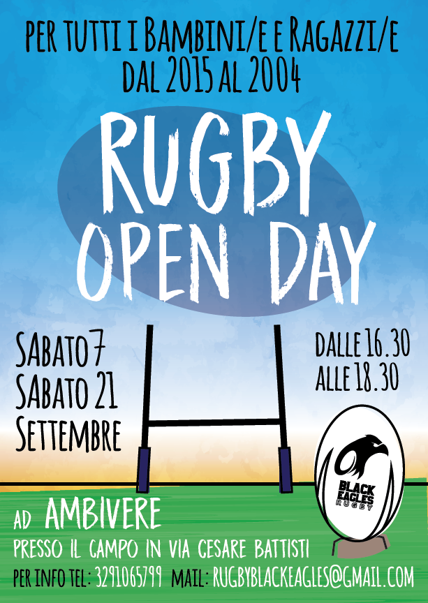 Rugby Black Eagles Ambivere: i prossimi open day sabato 7 e sabato 21 settembre