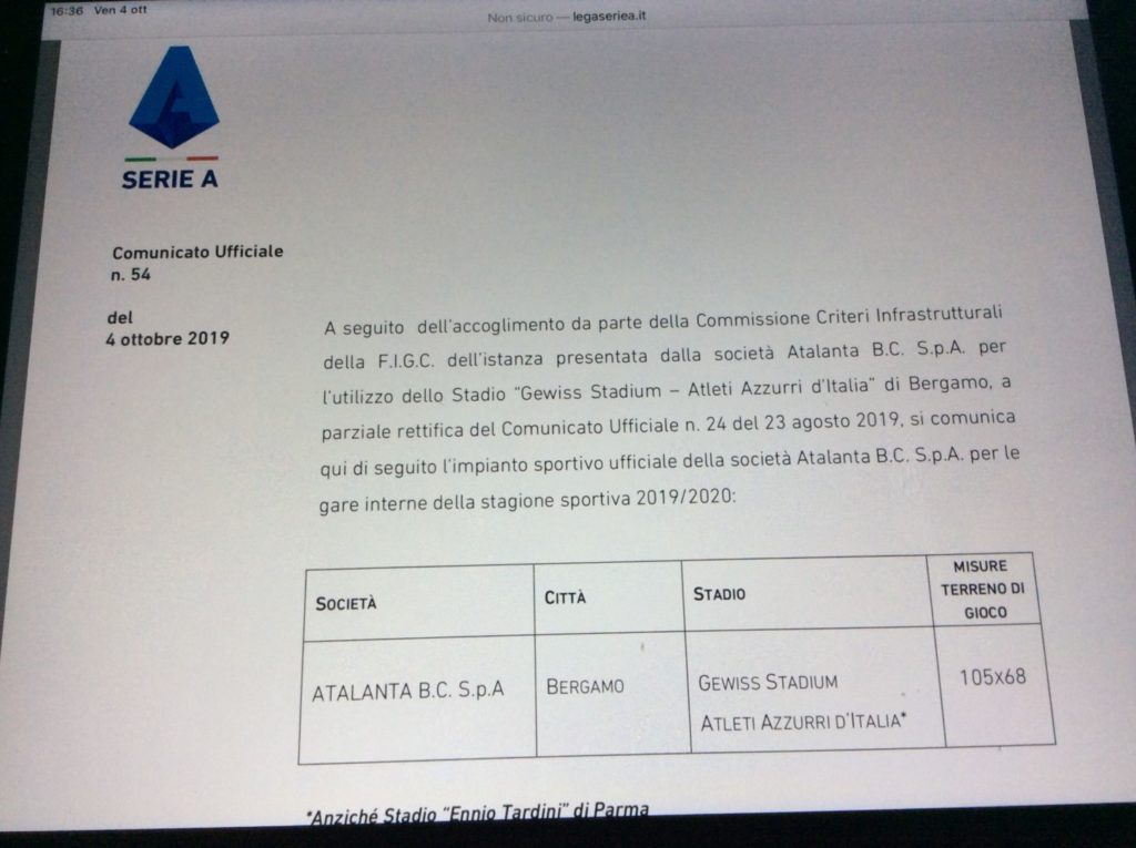Lega Calcio ha dato via libera: domenica Atalanta-Lecce si gioca al Gewiss