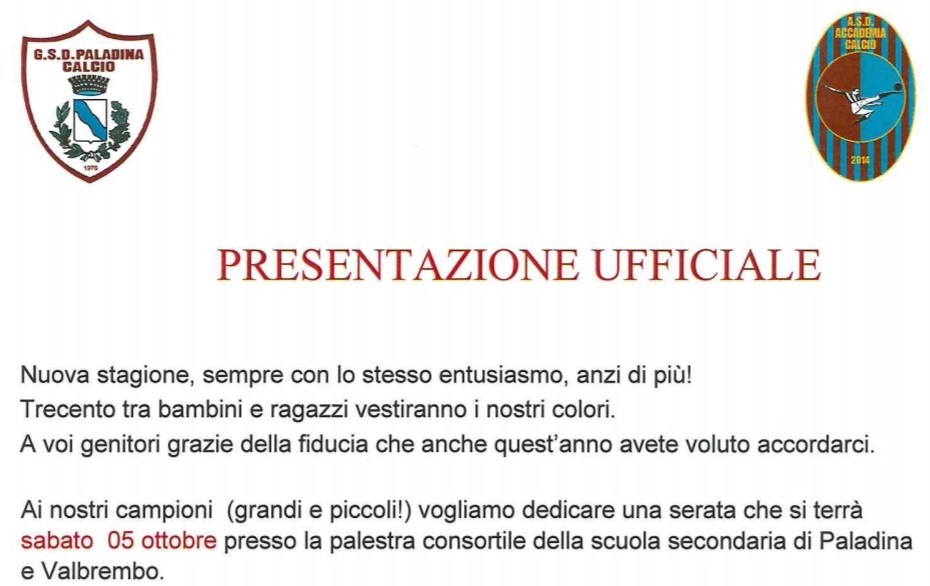 Paladina e Accademia Calcio, la presentazione di tutte le squadre sabato 5 ottobre nella palestra consortile