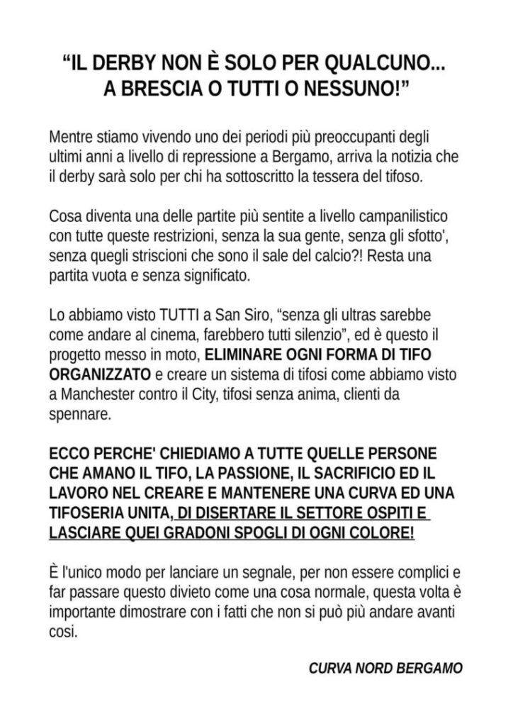 Sul divieto di trasferta agli atalantini perde il calcio, perde lo sport, perdiamo tutti noi