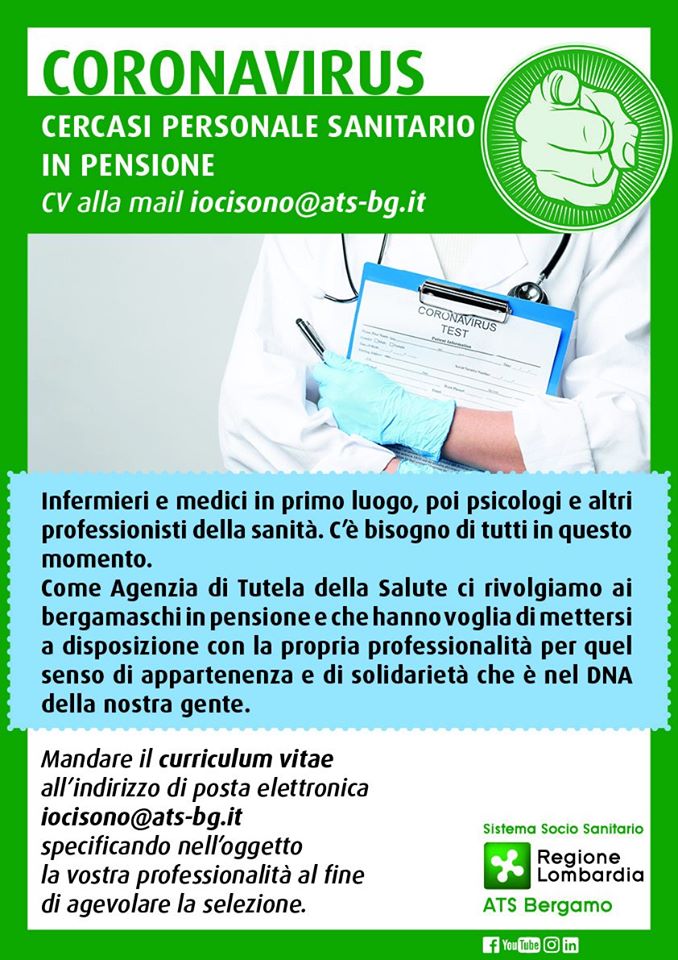 ATS Bergamo: “Cerchiamo infermieri, medici, psicologi”. Appello ai professionisti sanitari orobici in pensione