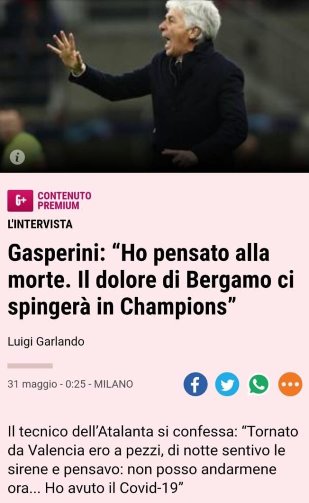 Gasperini alla Gazzetta: “Ho avuto il Covid. Ho avuto paura di morire”