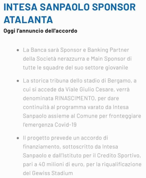 Intesa San Paolo diventa sponsor dell’Atalanta