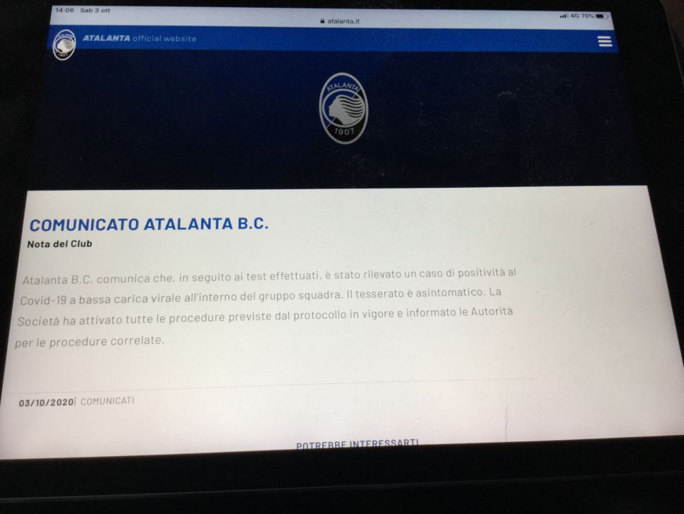 Covid, un positivo nell’Atalanta. Attivate le procedure standard