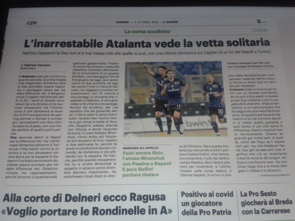 L’Atalanta domenica può regalarsi la prima volta da capolista con Gasperini