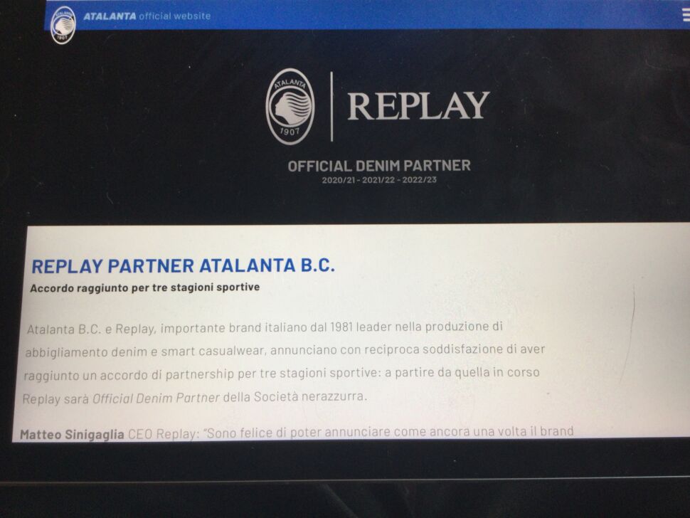 Atalanta-Replay: accordo per tre anni di partnership