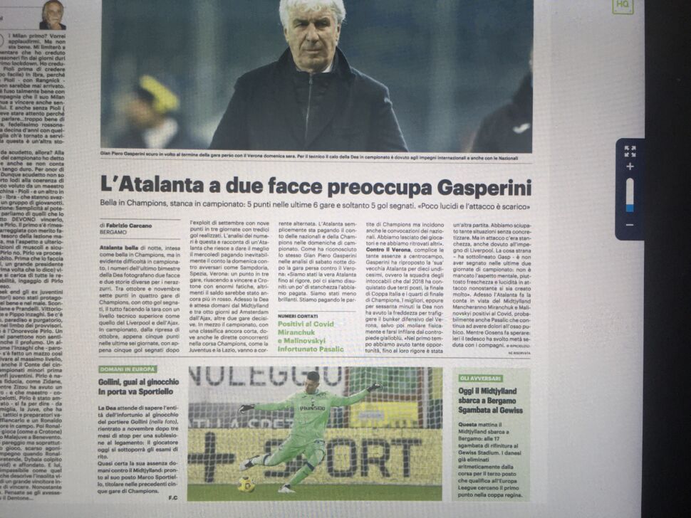 Atalanta a due velocità ‘autunnali’: 7 punti in quattro gare di Champions, 5 punti in sei giornate di A