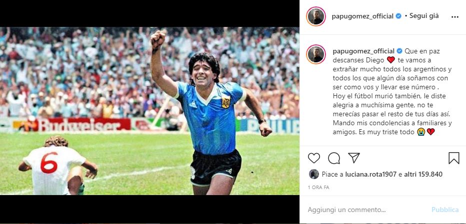 Gomez: “Con Maradona è morto anche il calcio”. Il cordoglio nerazzurro