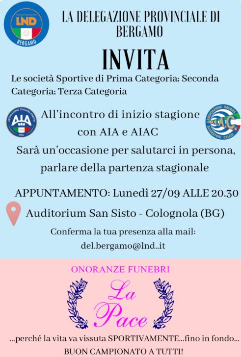 IMPORTANTE! Stasera a Colognola (BG) la riunione Delegazione – AIA – AIAC – per le Società dalla Prima Categoria alla Juniores