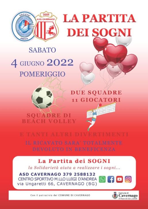 Calcio e solidarietà. Appuntamento da non perdere sabato 4 giugno, a Cavernago c’è la partita dei sogni