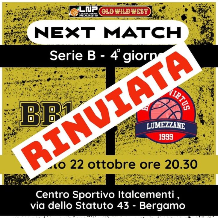 Rinviata la partita di stasera del Bergamo Basket
