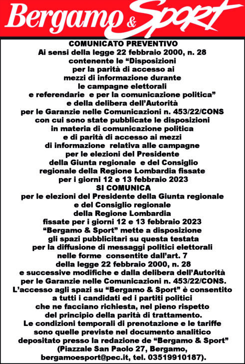 ELEZIONI REGIONALI: Pubblicità elettorale su Bergamo&Sport