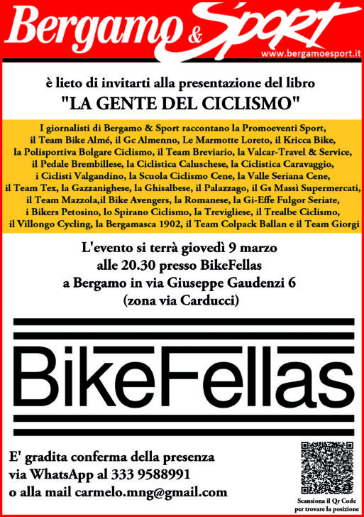 LA GENTE DEL CICLISMO – Giovedì 9 marzo da BikeFellas la presentazione del nuovo libro edito da Bergamo&Sport