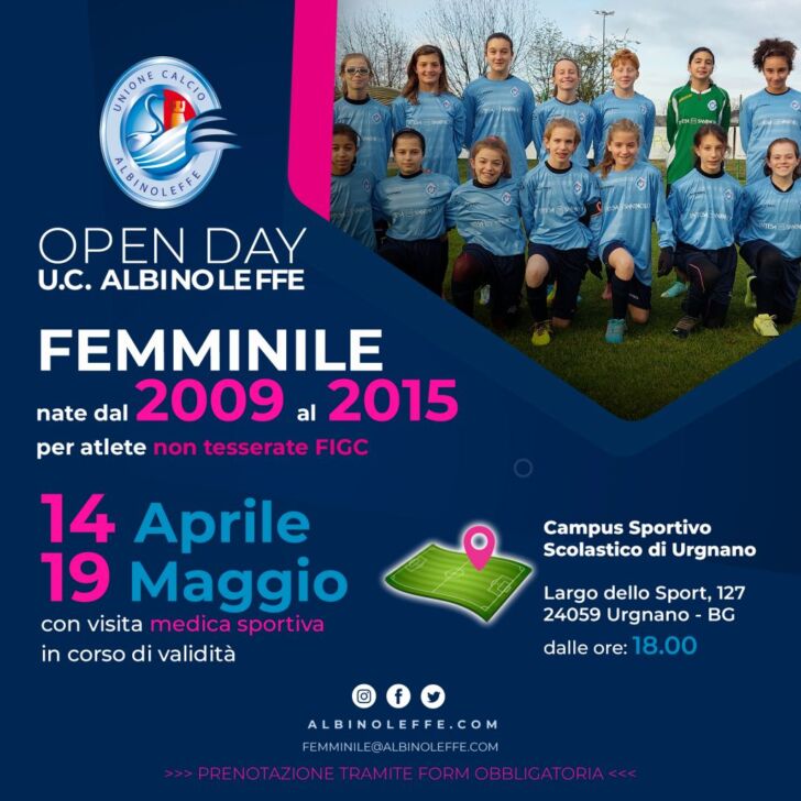 AlbinoLeffe: gli Open Day femminili a Urgnano ad aprile e maggio