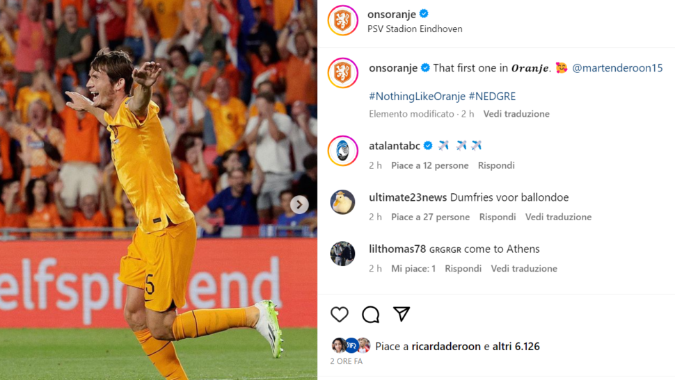 Il primo gol di Marten de Roon per l’Olanda