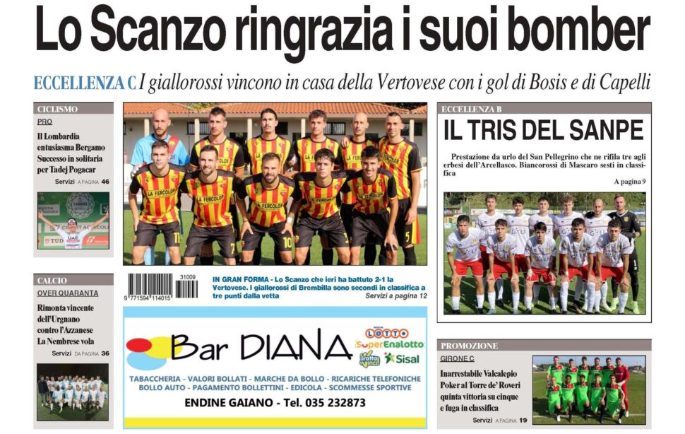 Bg & Sport in edicola: Scanzo, Sanpe, Valcalepio, Urgnano Over 40 e Pogacar in evidenza