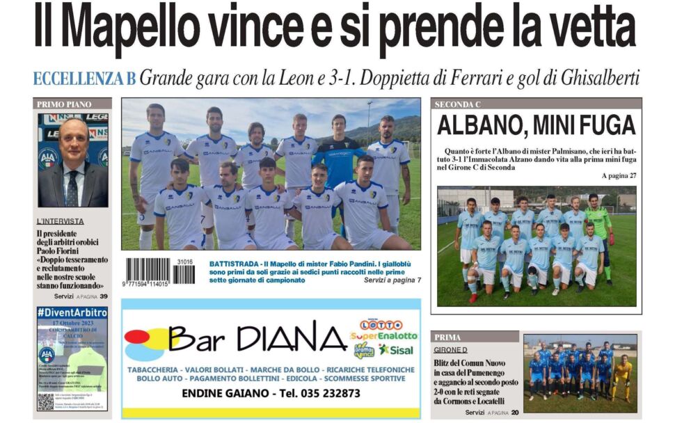 Bg & Sport in edicola: applausi al Mapello, all’Albano, al Comun Nuovo e a chi è al vertice dell’associazione arbitri a Bergamo