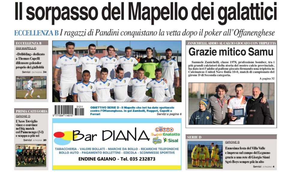 Bg & Sport in edicola: in evidenza il Mapello, Thomas Capelli, Samu Zanichelli, Giorgio Siani, il Villa Valle e l’Acos Treviglio