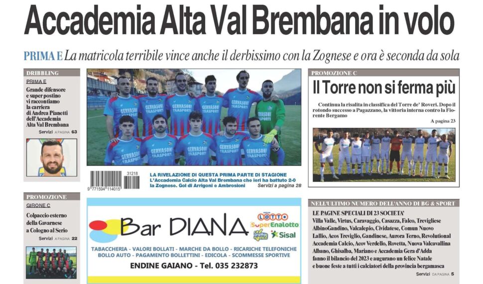 Numero extralarge di Bg & Sport con le pagine degli auguri di 23 società. In prima pagina Accademia Alta Val Brembana, Torre de’ Roveri e Gavarnese