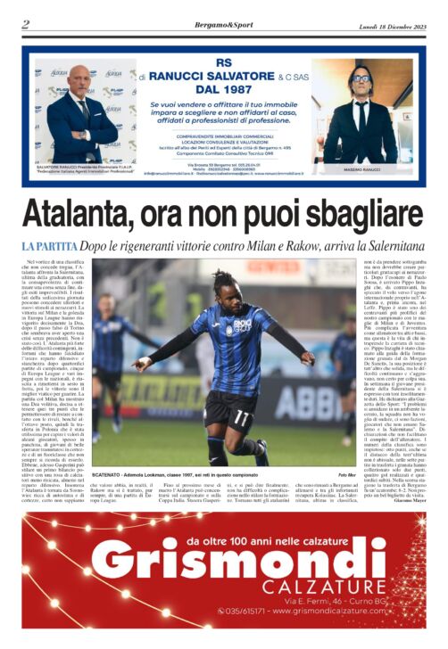 Atalanta contro la Salernitana di Pippo Inzaghi. Leggi gratuitamente la copia del Bergamo & Sport stadio