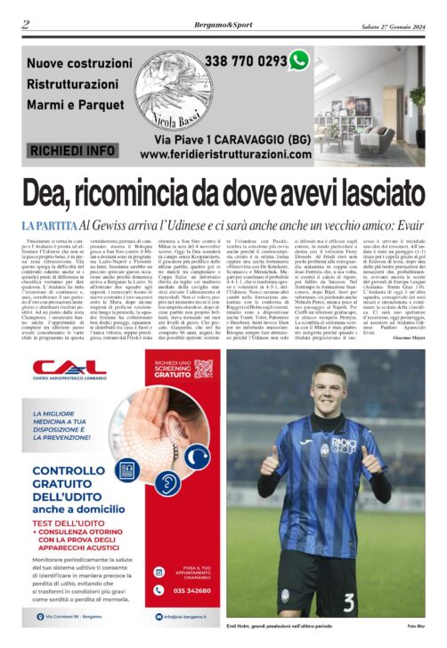 Atalanta-Udinese leggi qui gratuitamente la copia del Bergamo & Sport stadio