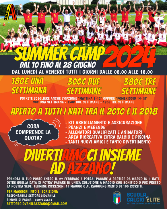Ad Azzano il 2° Summer Camp. Al via le iscrizioni, con sconti se fatte entro il 29 febbraio