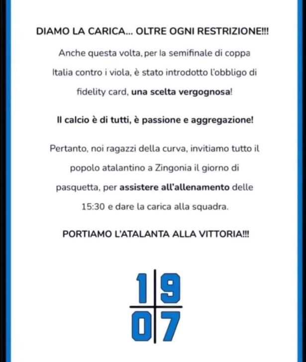 La Curva Nord contro l’ovvio e lo scontato: “Tessera del tifoso a Firenze? Carichiamo la squadra a Zingonia a Pasquetta”