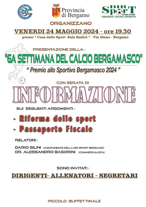 Venerdì 24 maggio, ecco il programma della serata per dirigenti, allenatori, segretari