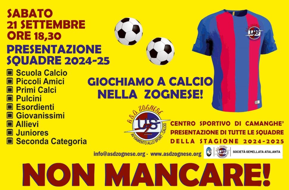 Zognese, sabato 21 settembre alle 18,30 la presentazione delle squadre campionati 2024-25