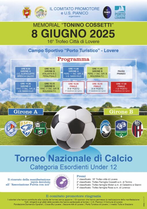 Memorial Tonino Cossetti, l’8 giugno a Lovere Torneo nazionale di calcio Under 12