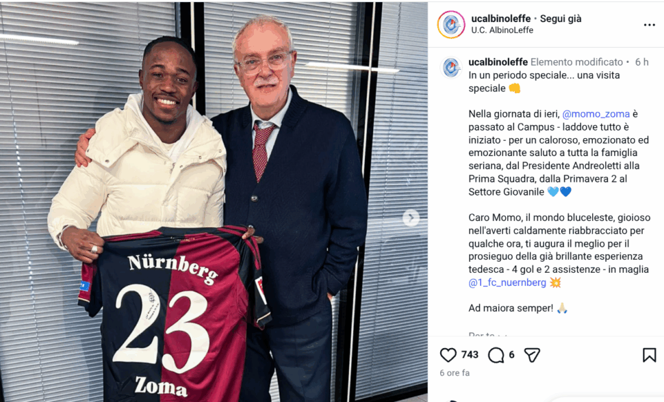 Momo Zoma torna all’AlbinoLeffe e regala la maglia del Norimberga