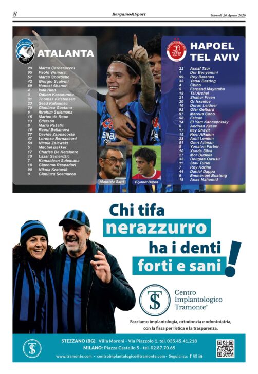 Atalanta – Hapoel Tel Aviv leggi qui il Bergamo & Sport Stadio